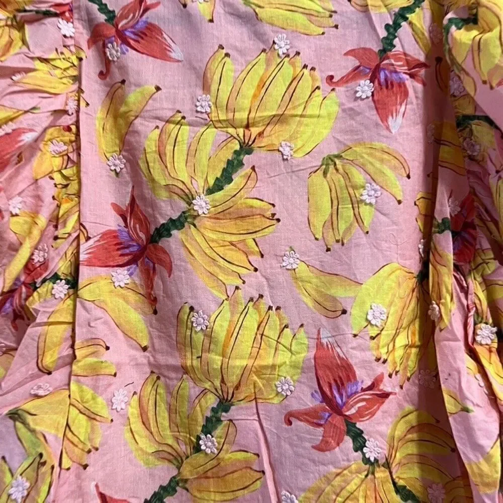 Anthropologie Farm Rio Banana Taste Applique Puff Sleeve Blouse Pink XS NEW